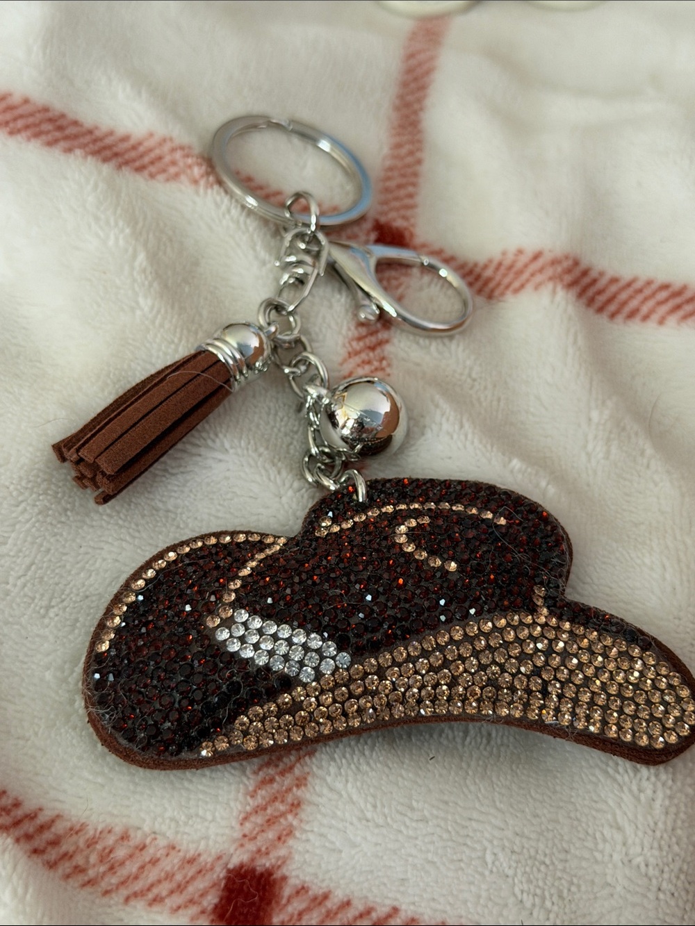 Crystal Cowboy Hat Keychain with Tassel - Brown